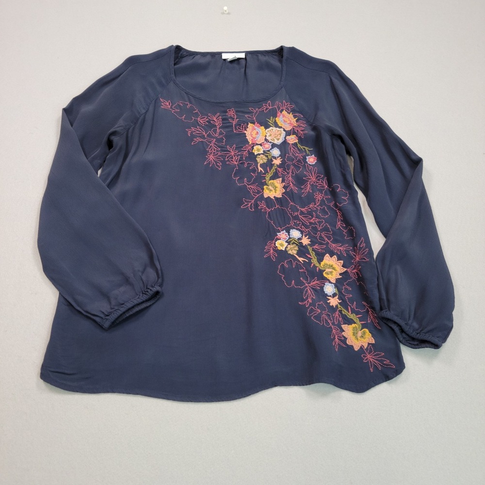 J Jill Womens Small Navy Blue Viscose Embroidered Long Sleeve‎ Blouse Top EUC